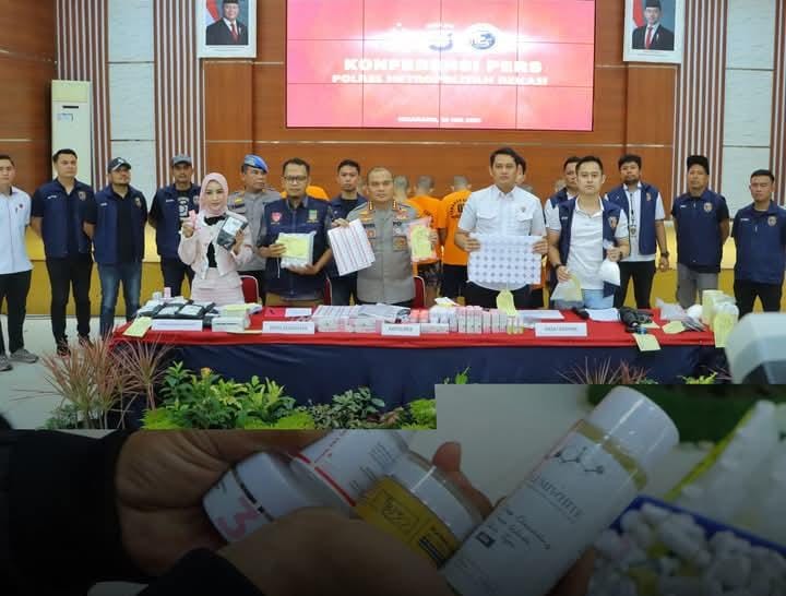 Keterangan Poto: Polres Metro Bekasi saat Konferensi Pers Produksi dan Penjualan Skincare Palsu