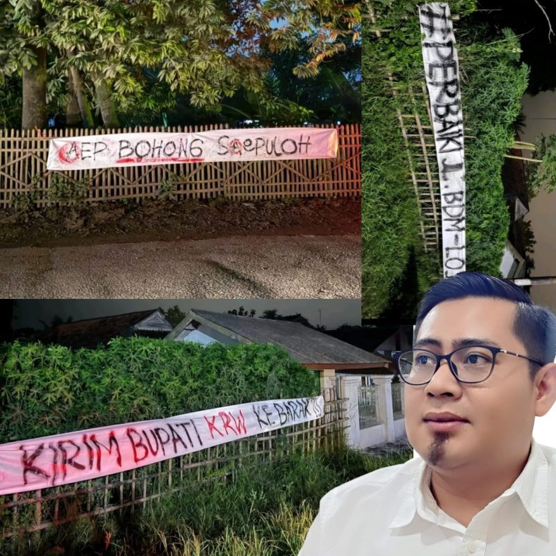 Salah satu spanduk yang mencuri perhatian adalah yang ditujukan langsung kepada Bupati Karawang, H. Aep Syaepuloh