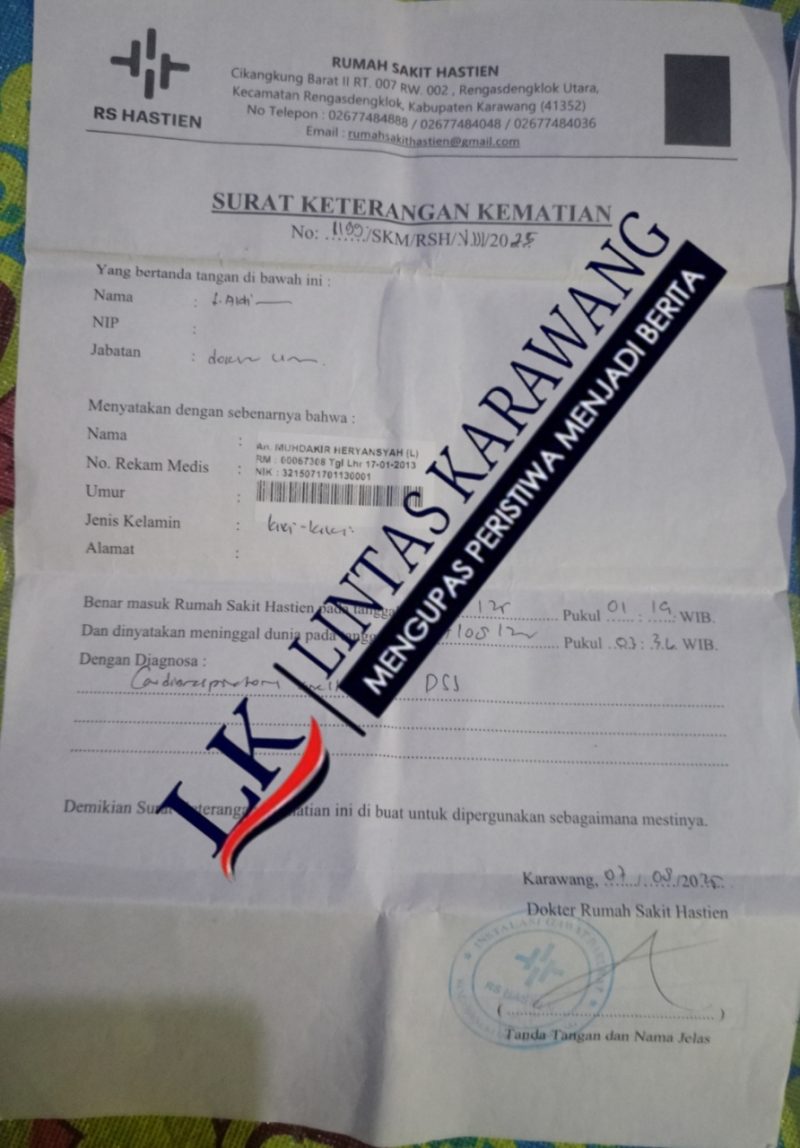 Surat keterangan kematian resmi dari Rumah Sakit Hastien