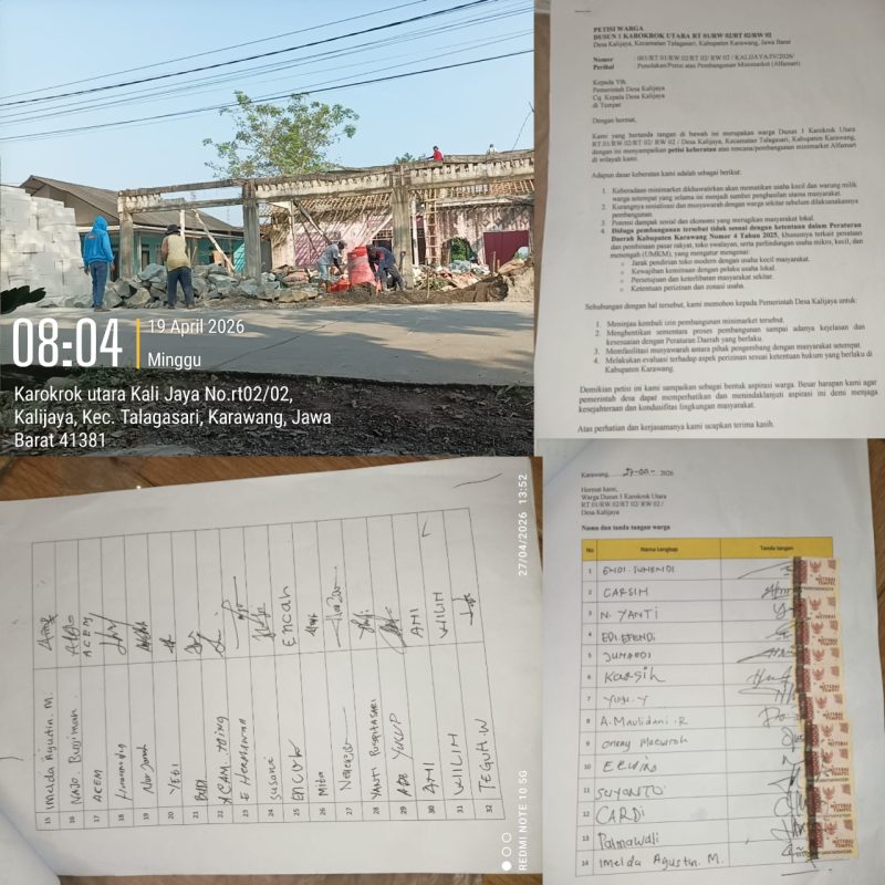 Keterangan gambar proyek bangunan Alfamart dan surat petisi yang ditandatangani oleh pihak warga yang menolak atas pembangunan proyek tersebut 